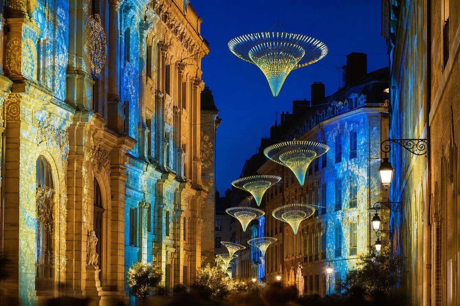 Rue pavée illuminée avec décorations lumineuses suspendues pour la Fête des Lumières à Lyon
