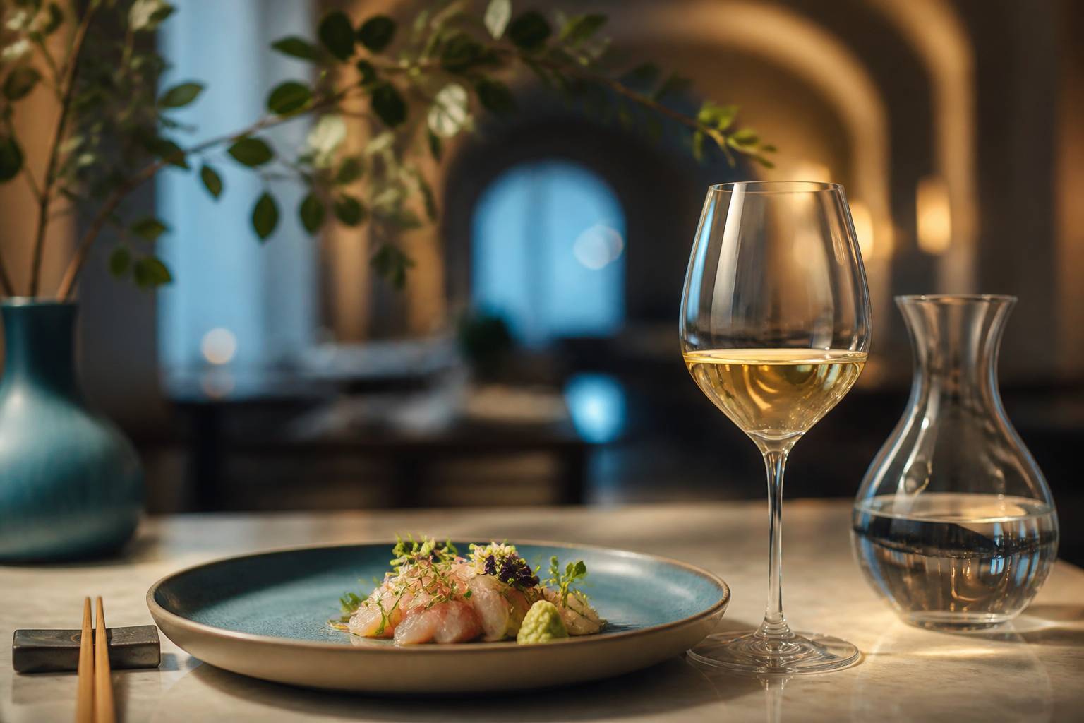 Verre de vin servi à table avec assiette japonaise raffinée et carafe discrète