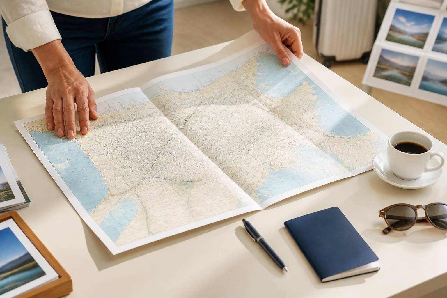 Mains dépliant une carte routière avec passeport et lunettes de soleil