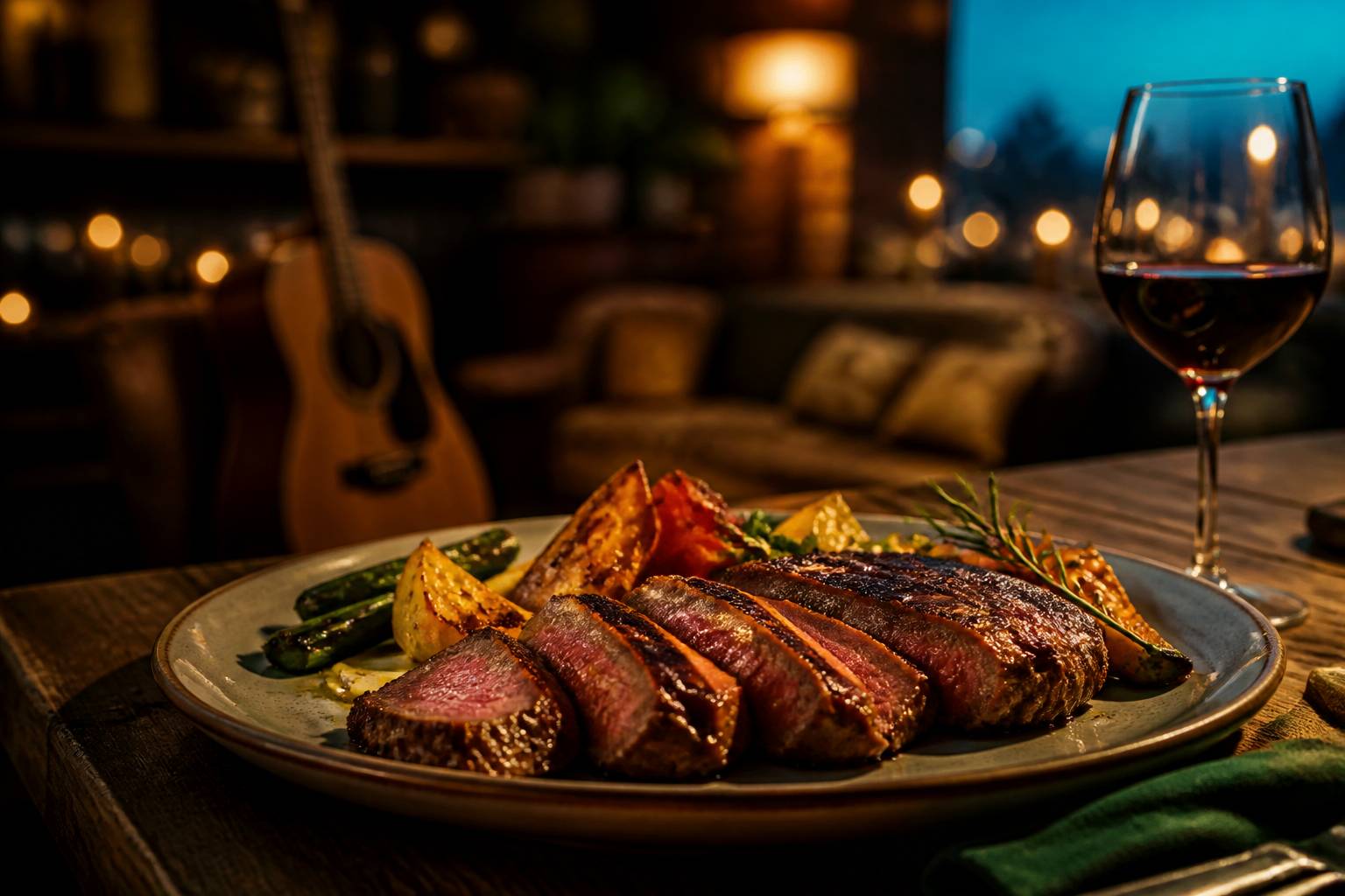 Assiette de viande grillée avec un verre de vin rouge