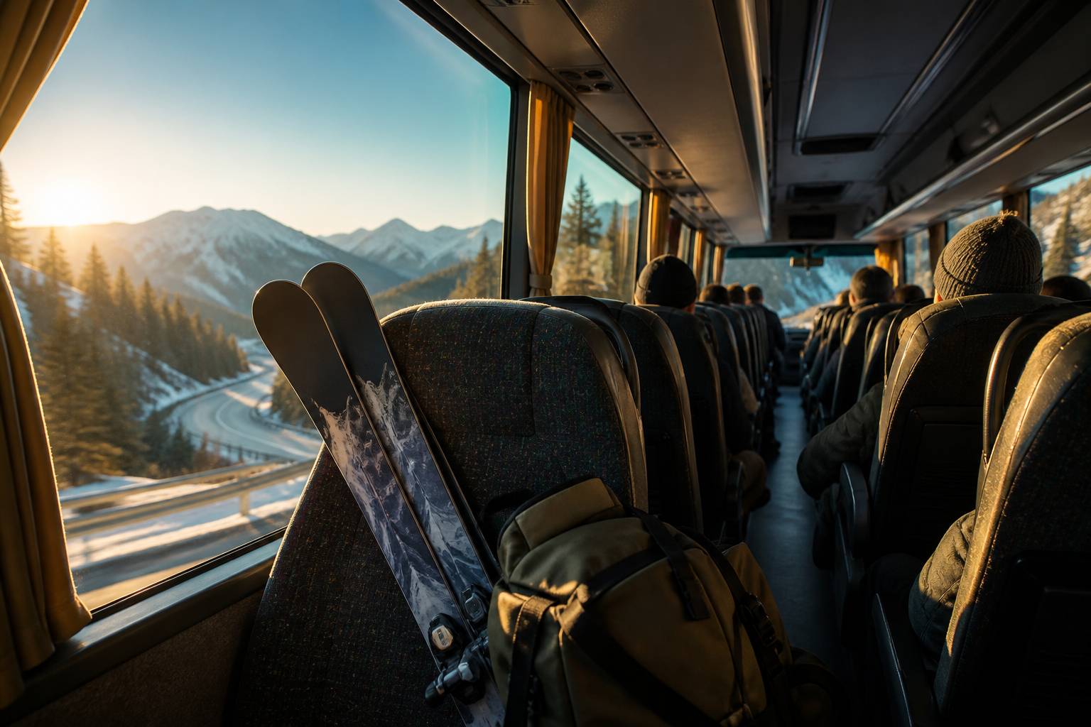 Intérieur d'autocar avec skis et sac posés sur un siège au matin