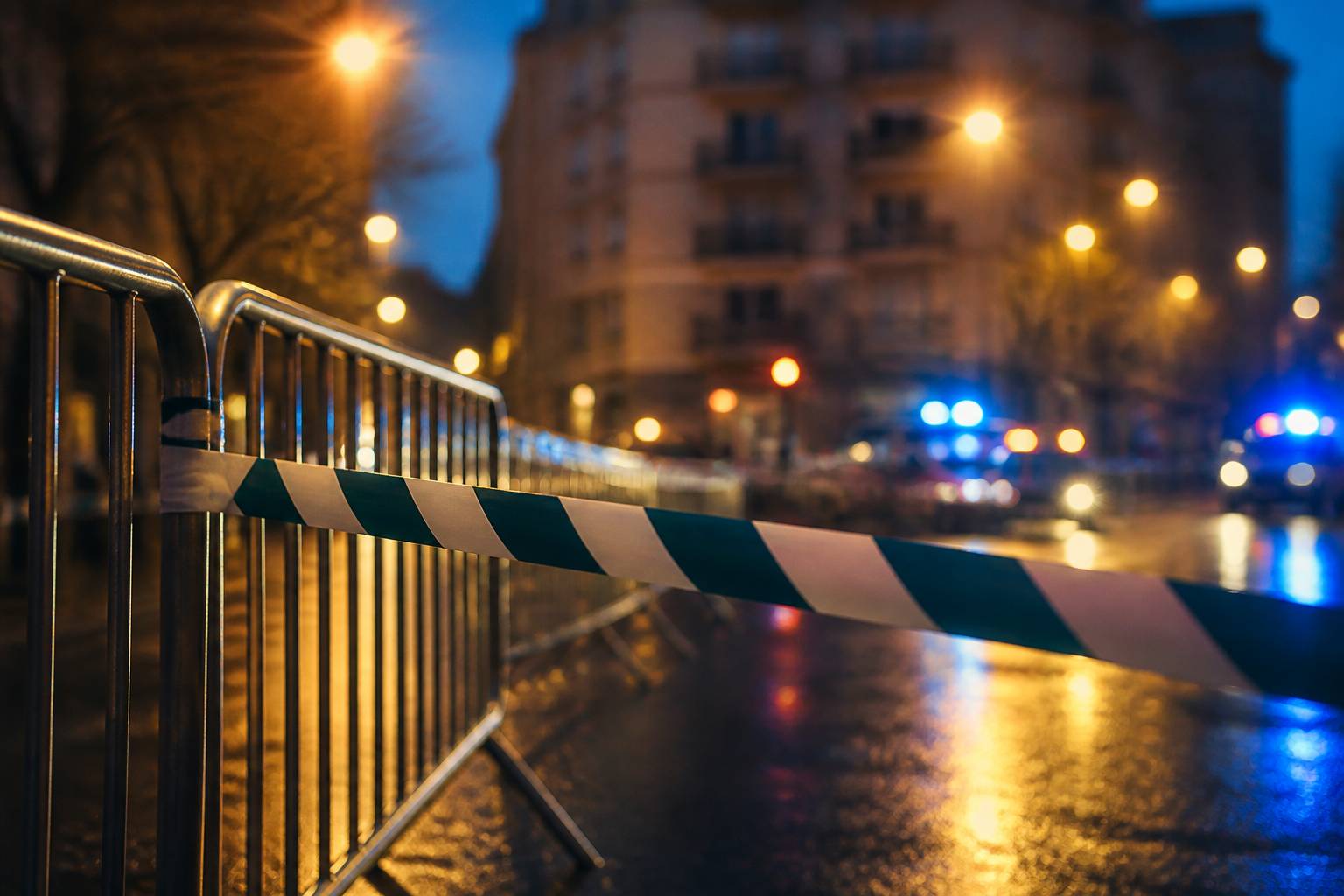 Ruban de balisage tendu entre des barrières dans une rue la nuit