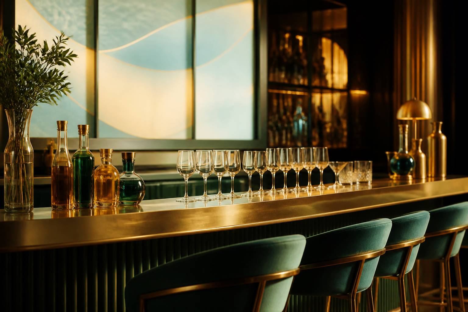 Comptoir de bar en laiton avec verres en cristal et tabourets