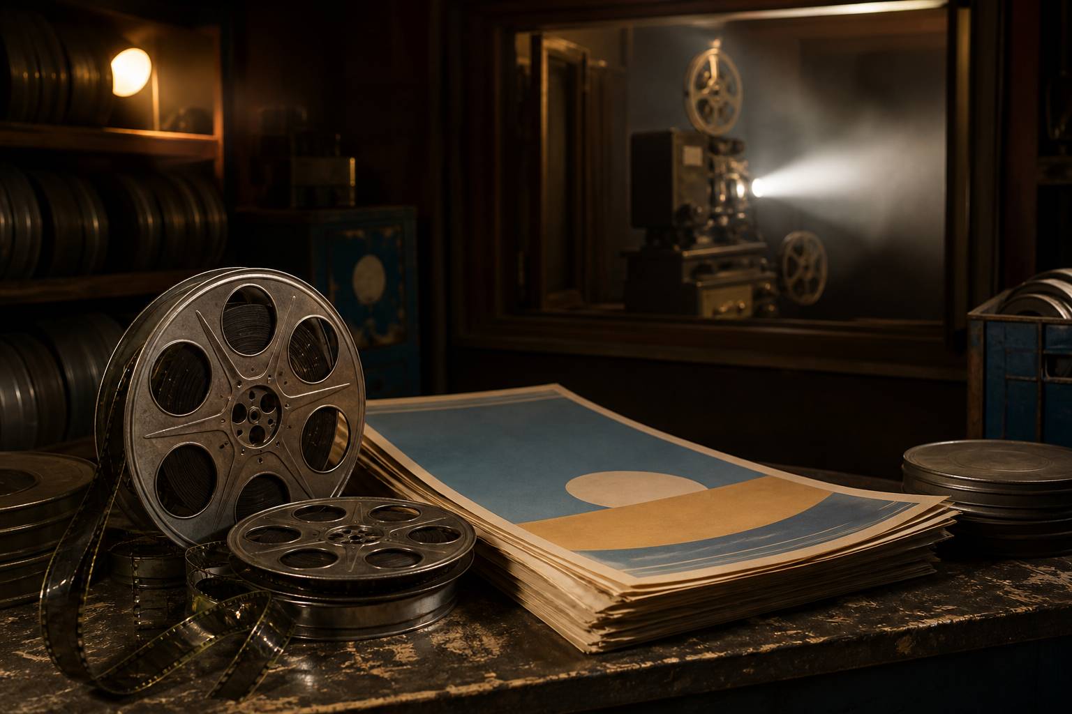 Bobines de film 35 mm et caisses dans une salle de projection avec projecteur en faisceau