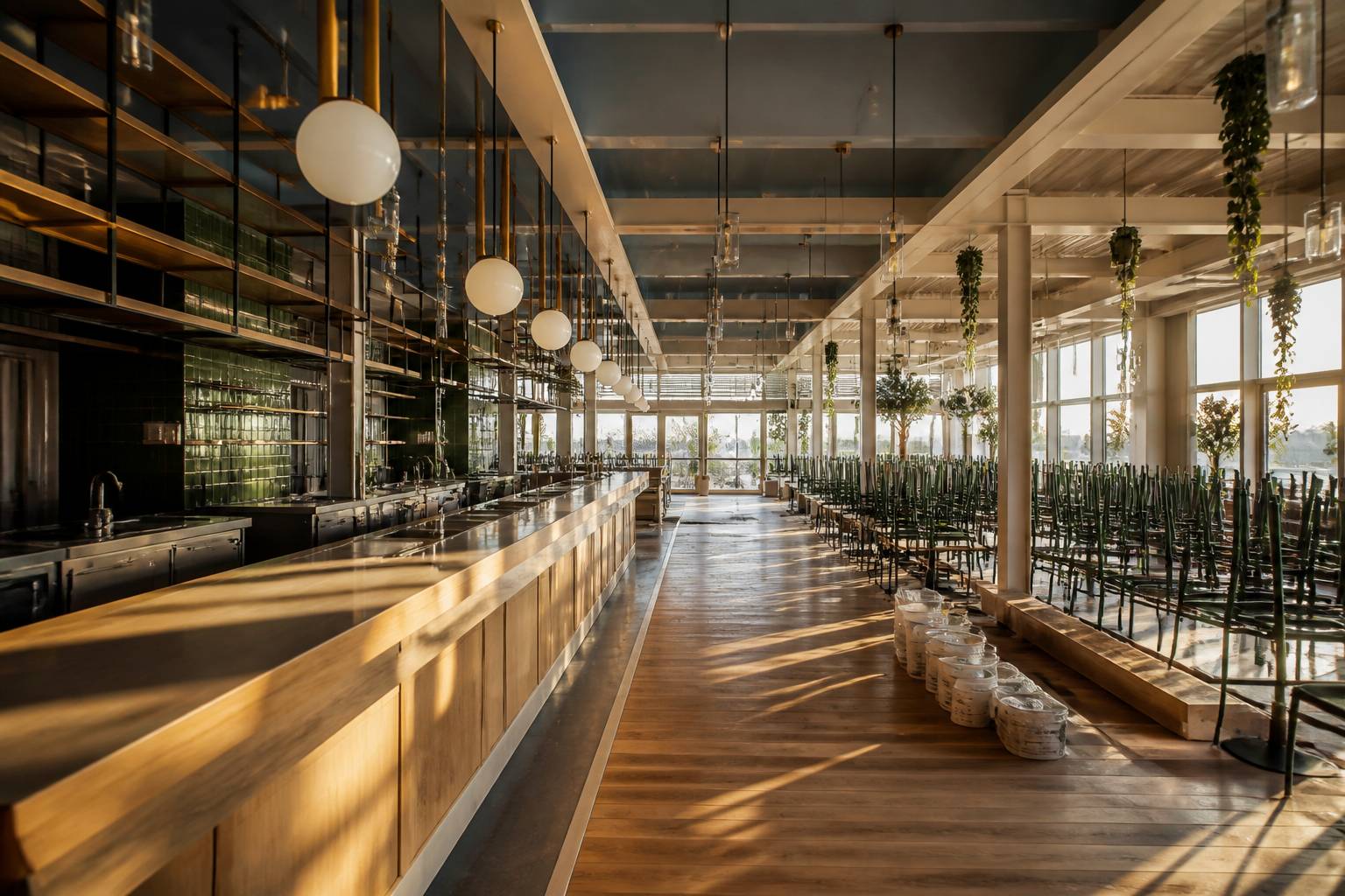Grand espace de brasserie en aménagement avec comptoir en bois