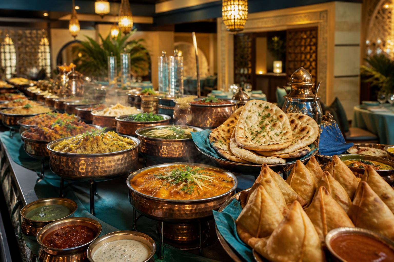 Plats indiens variés sur un buffet avec vapeur légère