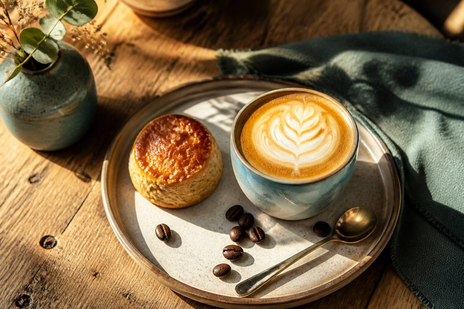 Tasse de café avec grains torréfiés et petit gâteau sur soucoupe