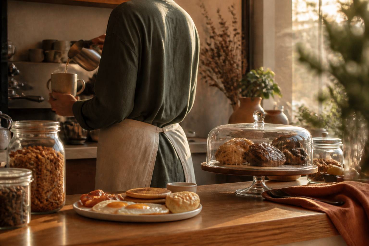Barista versant un café derrière un comptoir avec granola maison