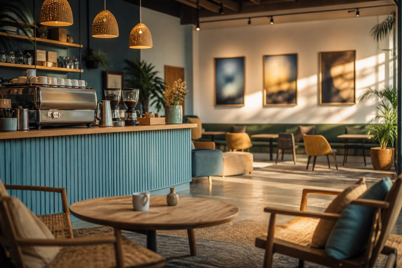 Comptoir de café avec machine à espresso dans un ciné-café