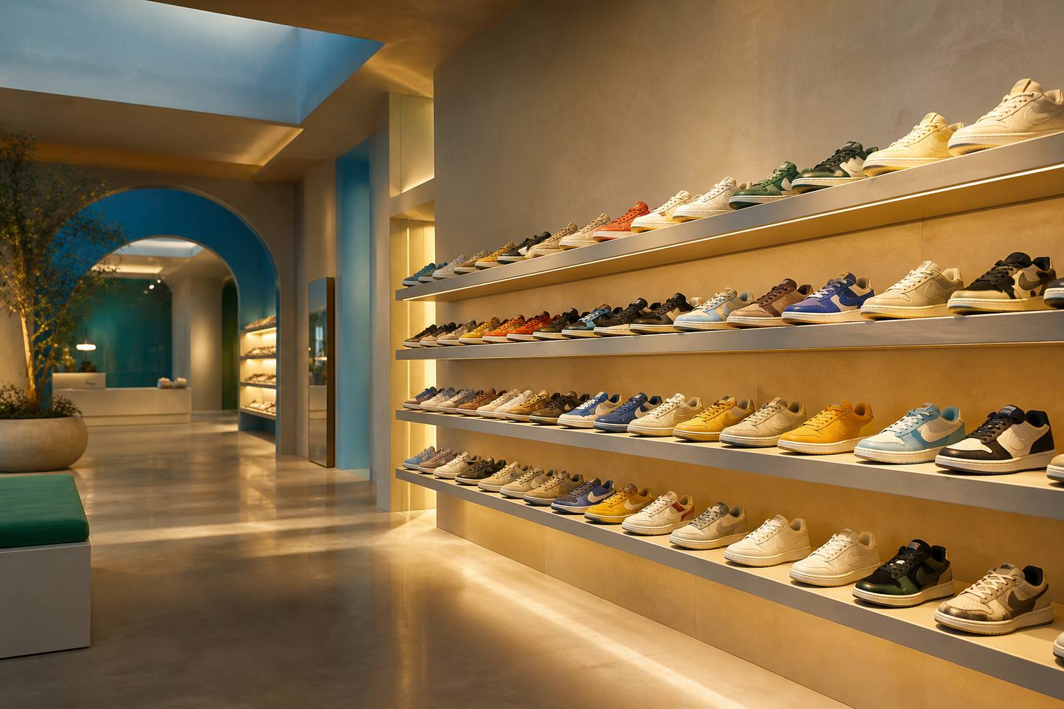 Étagères de sneakers colorées dans un concept store à Lyon