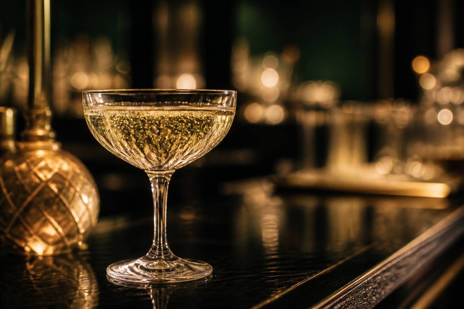 Coupe de champagne aux bulles fines posée sur un comptoir sombre