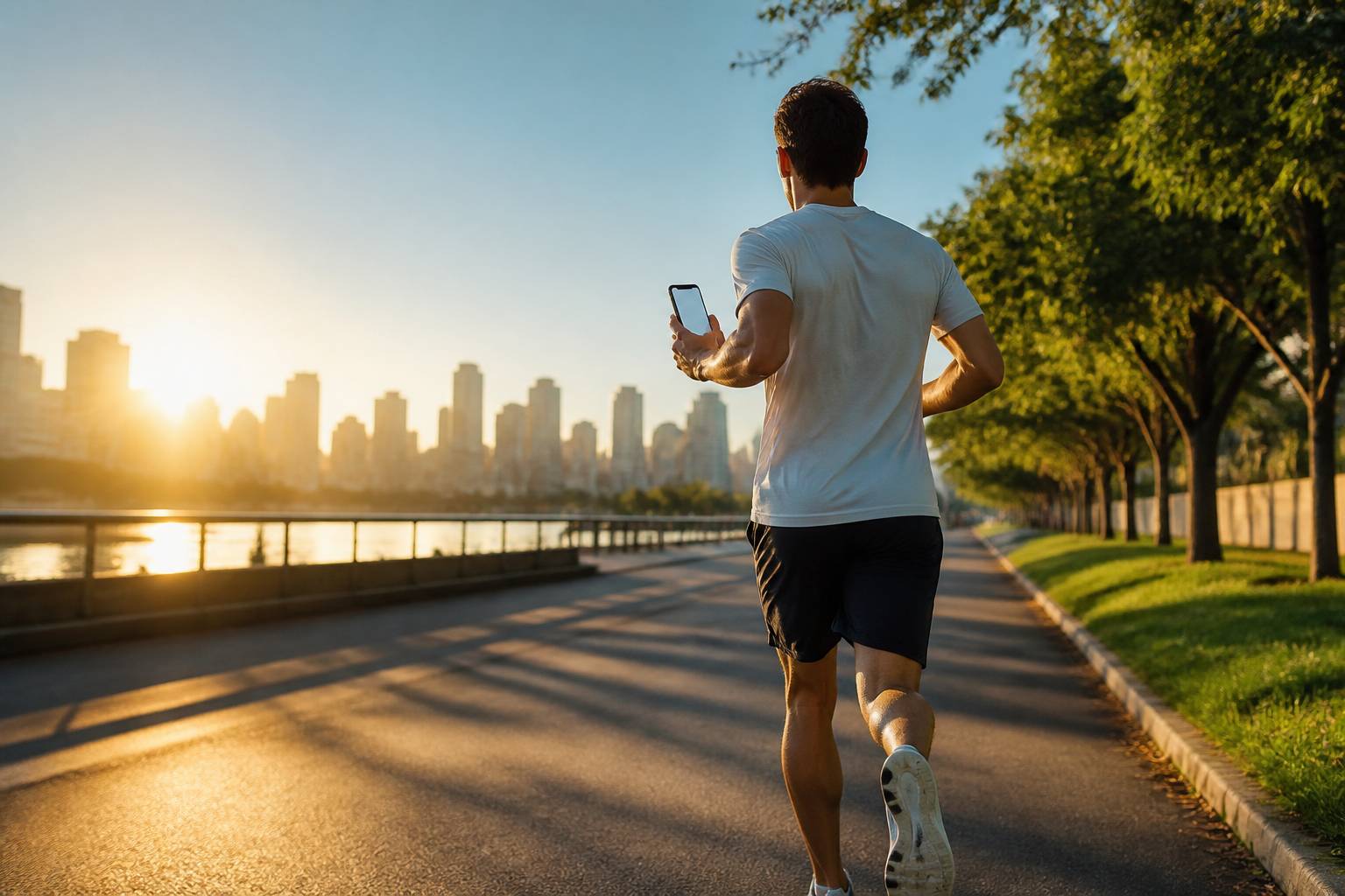 Coureur consultant un téléphone pendant un footing en ville