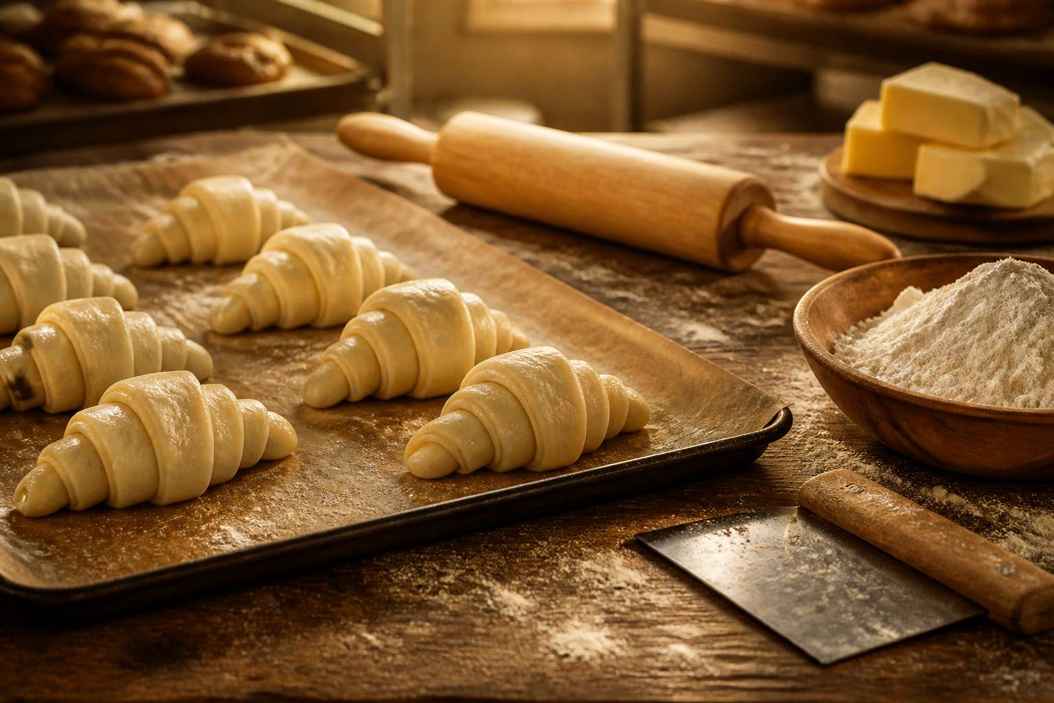 Pâtons de croissants façonnés avec farine et beurre