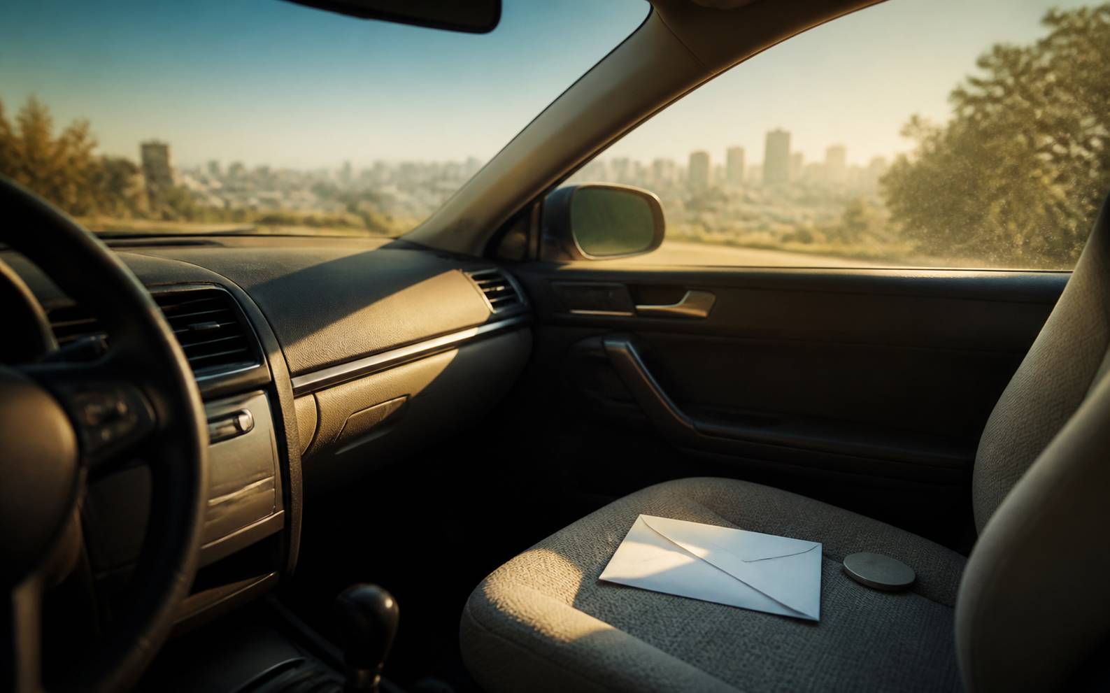 Tableau de bord de voiture avec enveloppe et document de demande de vignette