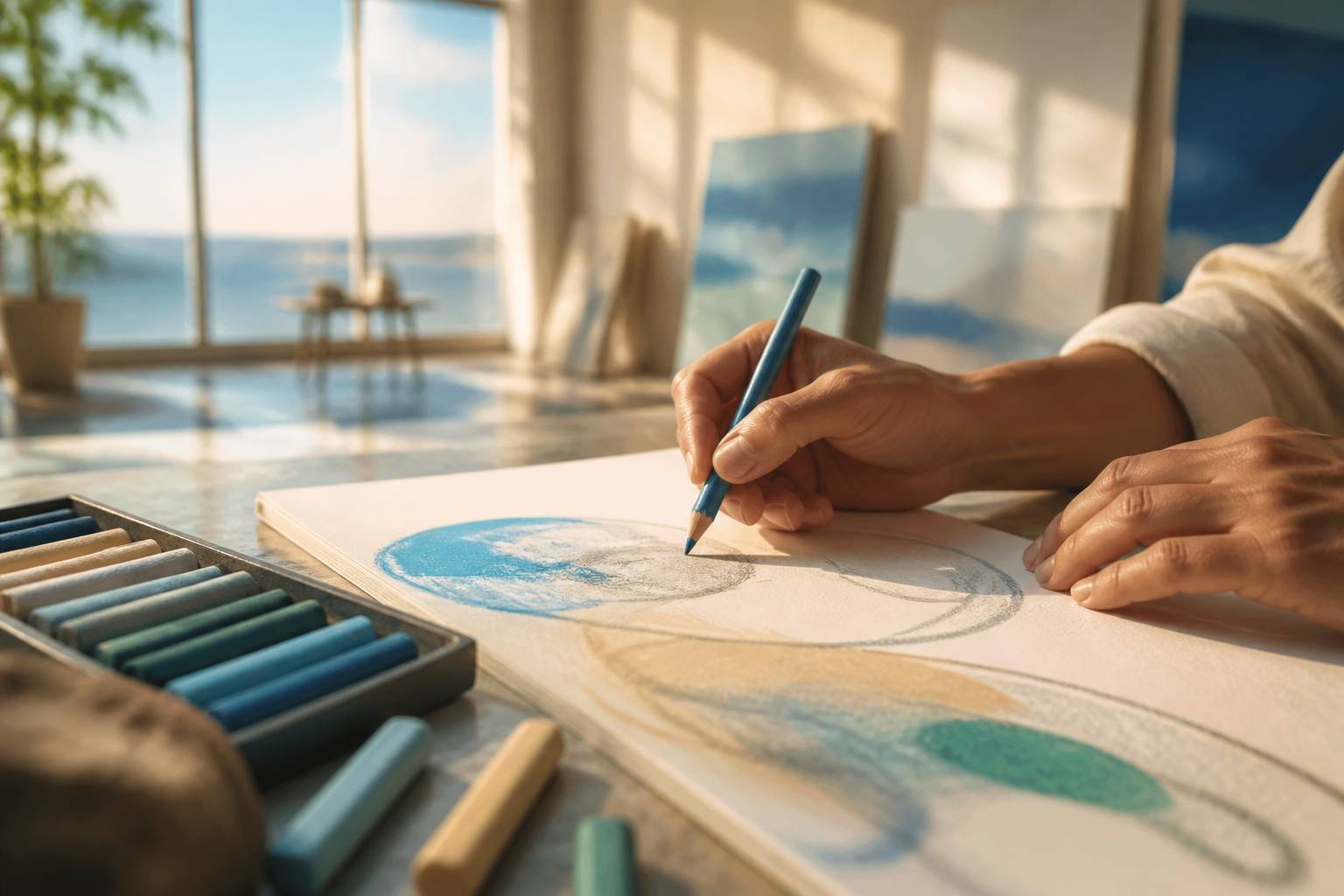 Mains esquissant des formes abstraites au crayon avec pastels de couleur