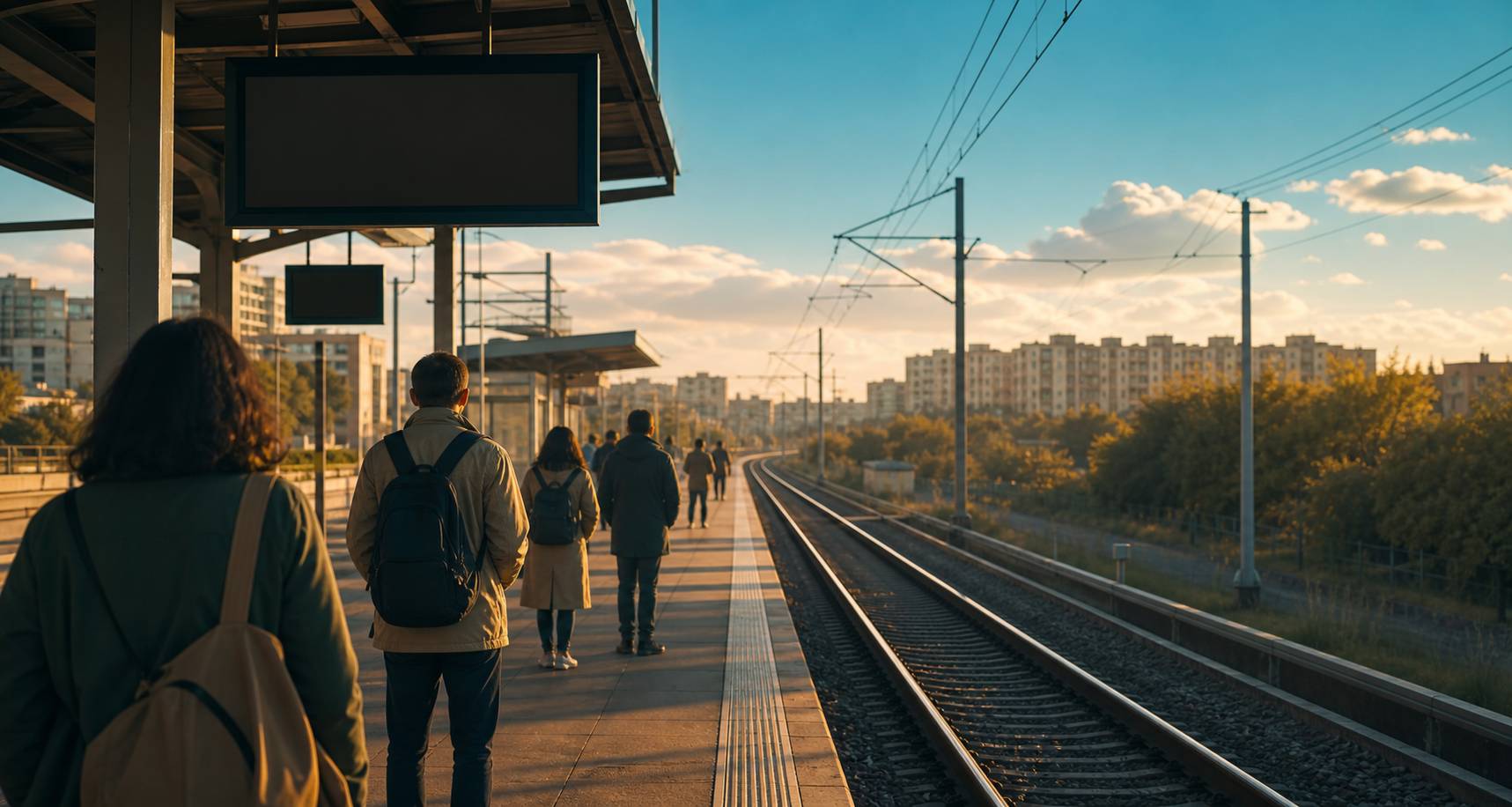 Voyageurs vus de dos attendant un train regional sur un quai de gare de banlieue