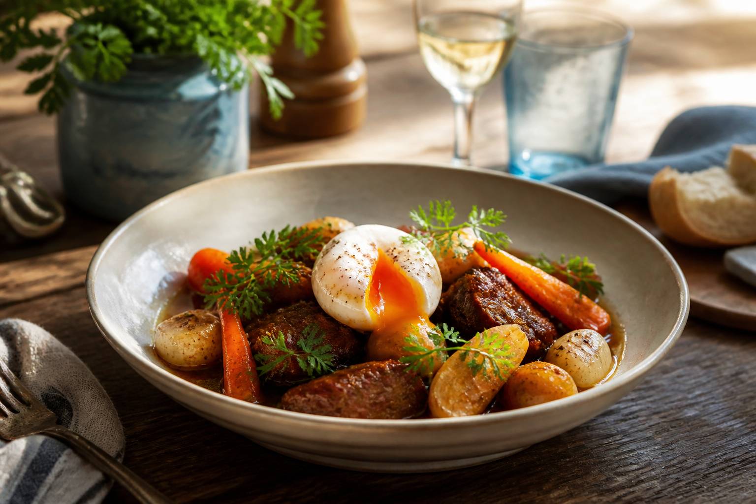 Mijoté de bœuf avec légumes anciens et œuf mollet dans une assiette