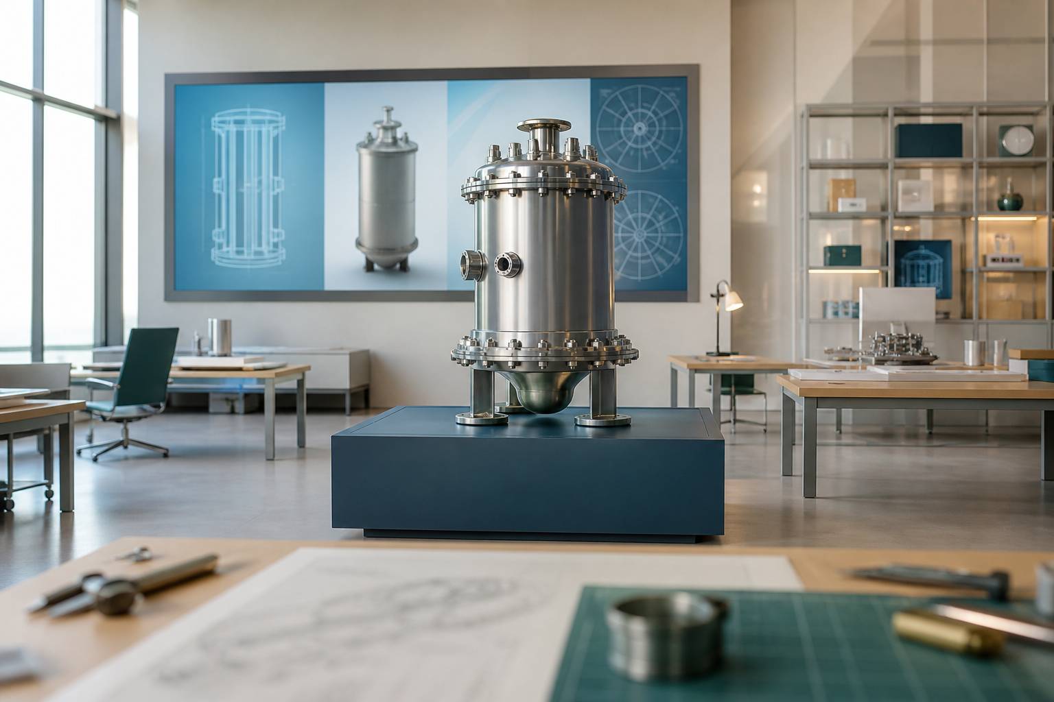 Maquette de réacteur industriel générique dans une salle d'ingénierie moderne