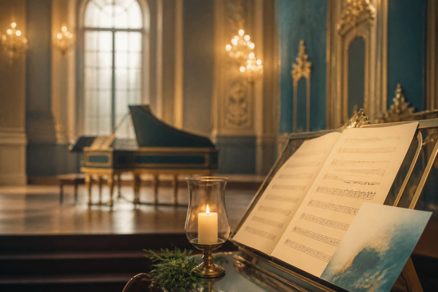 Partition ouverte sur un pupitre avec programme de concert et bougie