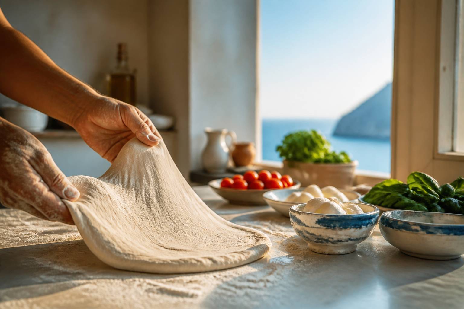 Mains de pizzaïolo étirant une boule de pâte à pizza sur un plan fariné