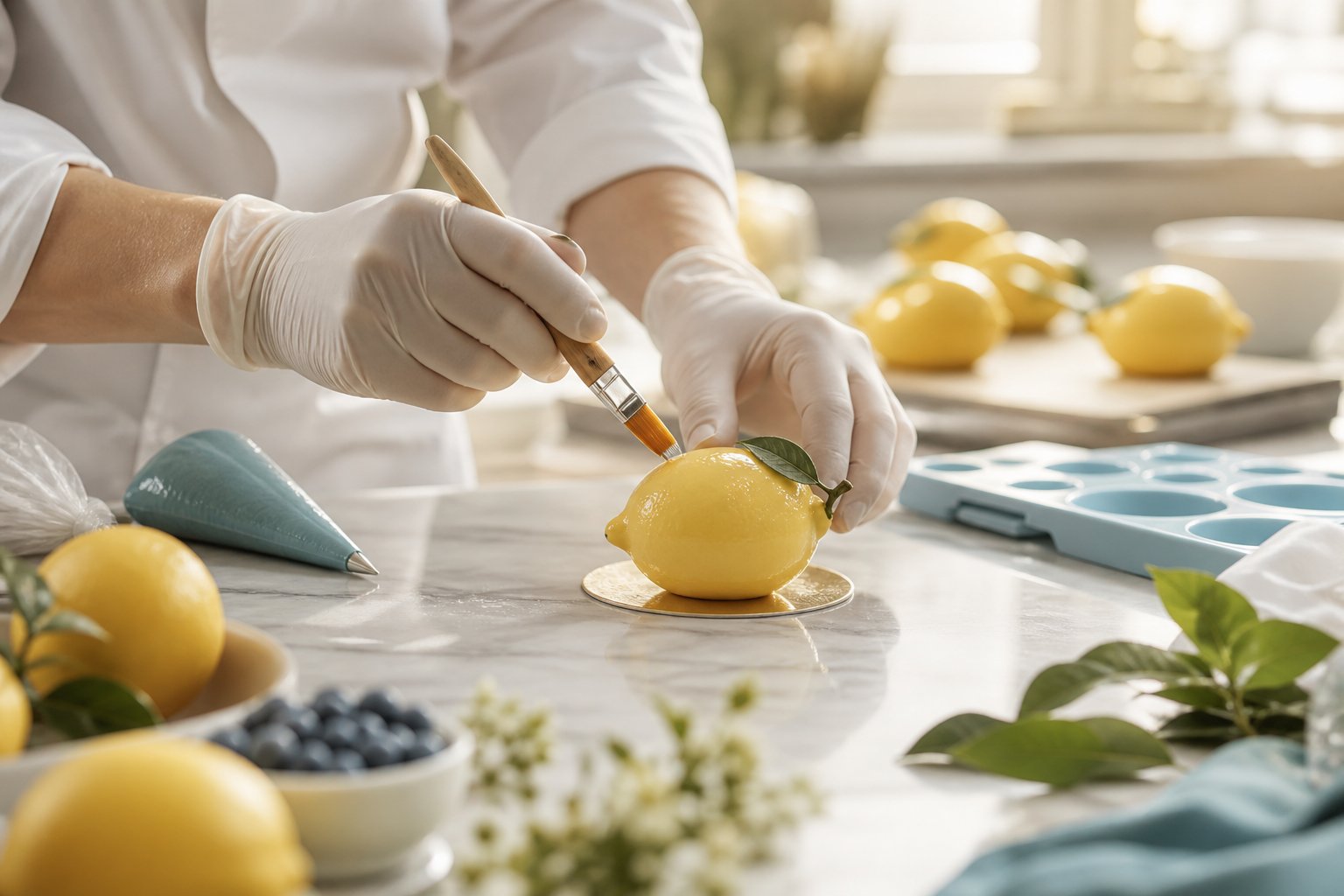 Pâtissier glaçant un dessert trompe-l'œil en forme de citron en atelier
