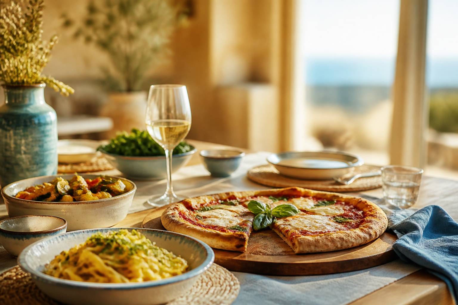 Table italienne avec pizza à la part et assiette de pâtes