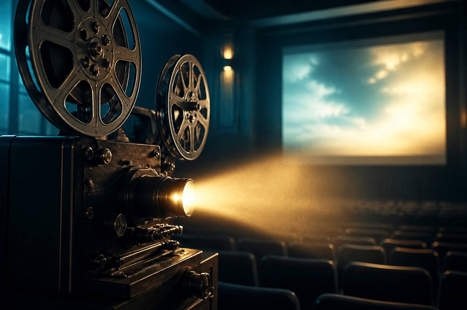 Projecteur de cinéma avec faisceau de lumière et bobines de film