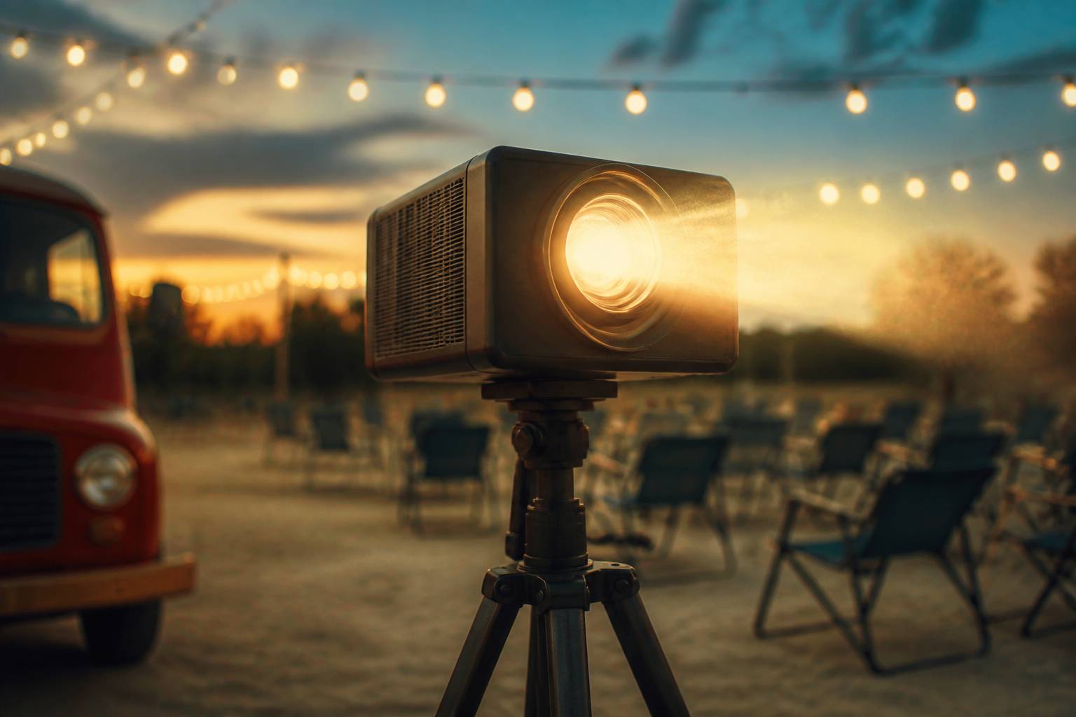 Projecteur de cinéma sur trépied diffusant un faisceau lumineux