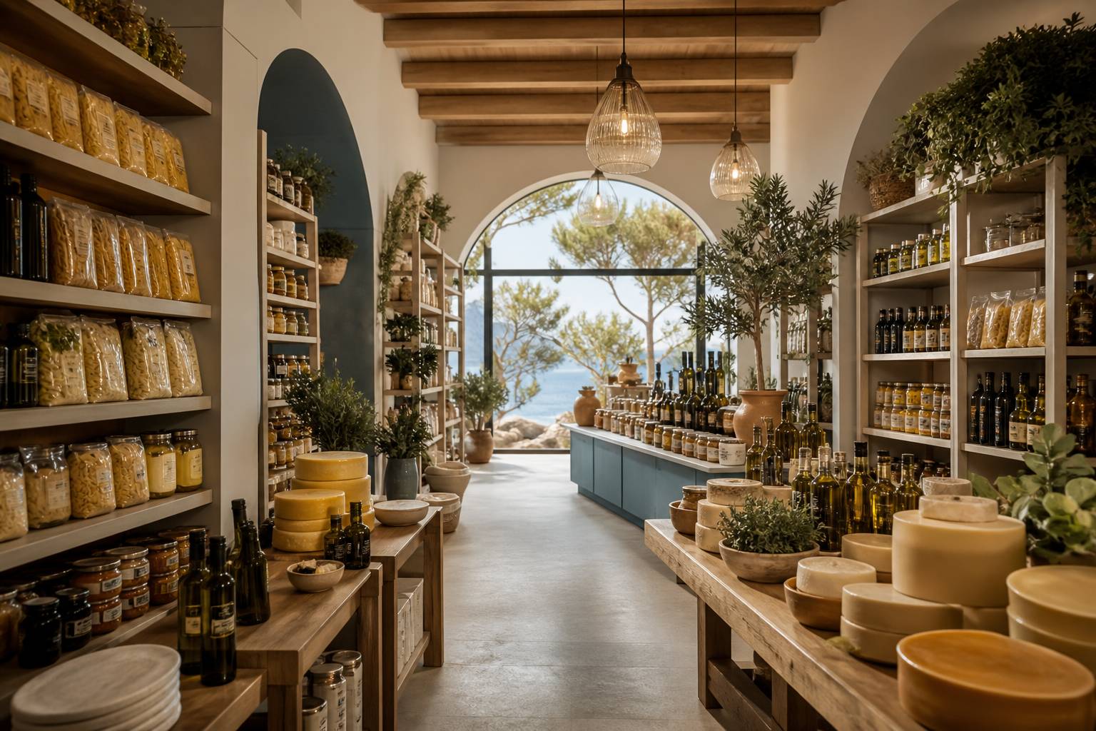 Rayons d'épicerie fine avec paquets de pâtes, meules de fromage et huiles d'olive