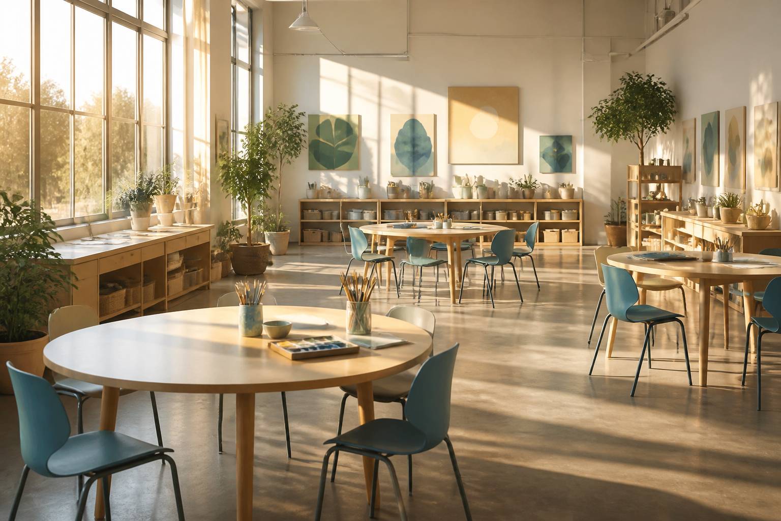 Salle d'activité lumineuse avec tables rondes et matériel d'atelier
