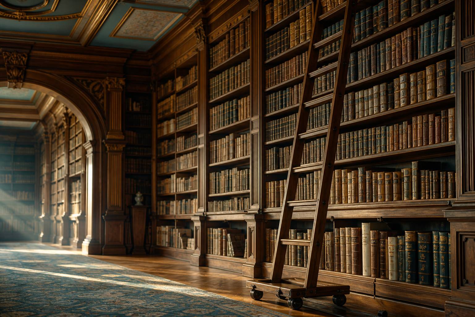 Rayonnages de livres anciens et tables de lecture en bois dans une bibliothèque