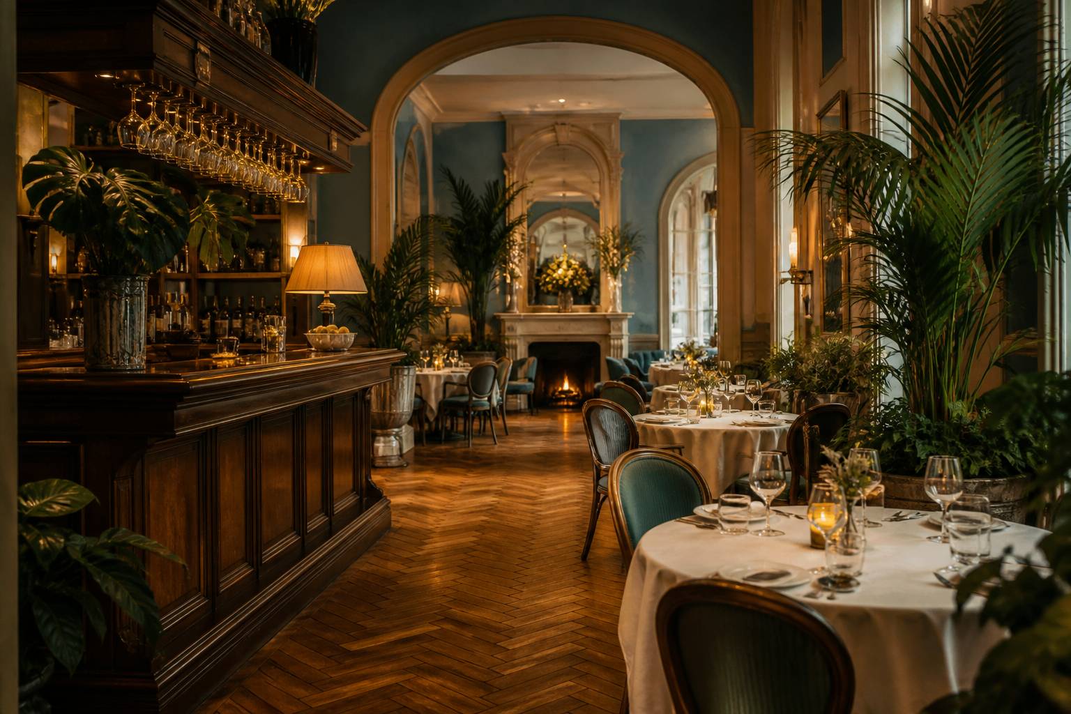 Salle de restaurant élégante avec bar en bois et cheminée