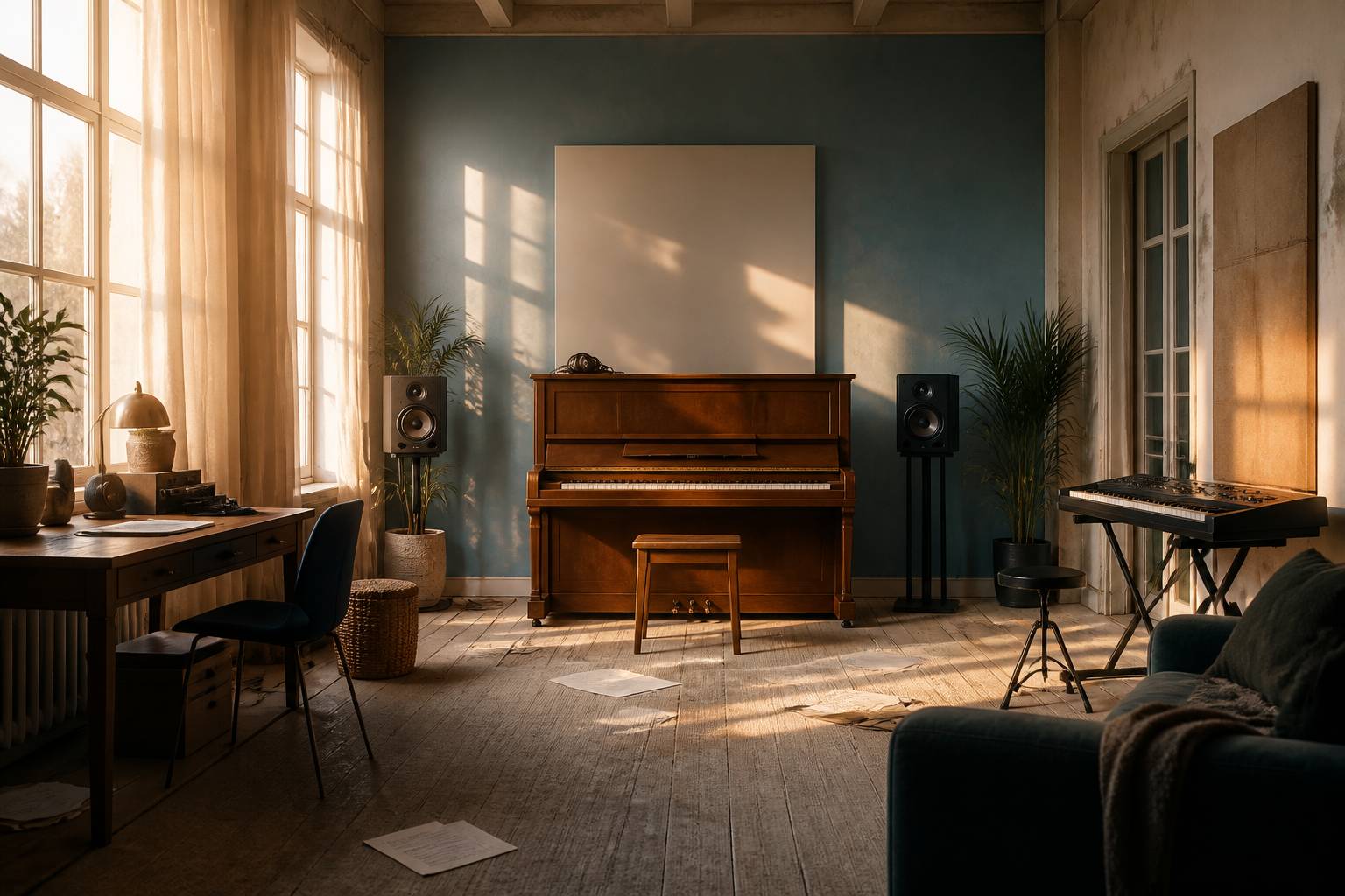 Studio d'enregistrement avec piano droit et clavier sous lumière dorée