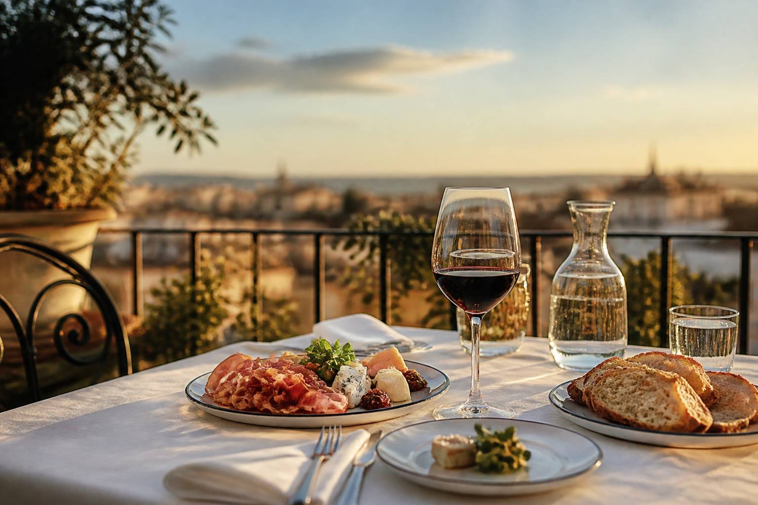 Table bistronomique avec verre de vin rouge et assiette de charcuterie