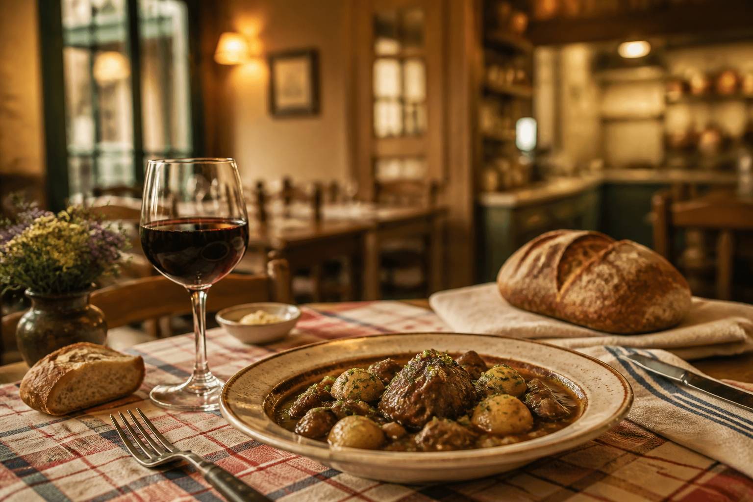 Plat mijoté lyonnais sur une table à nappe à carreaux