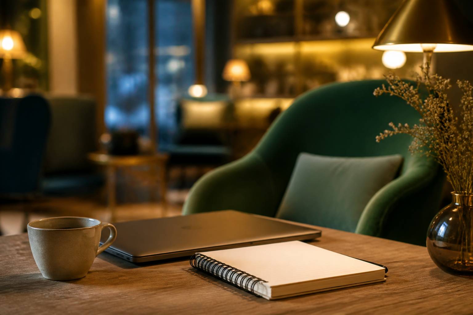 Table de café avec tasse, ordinateur et carnet