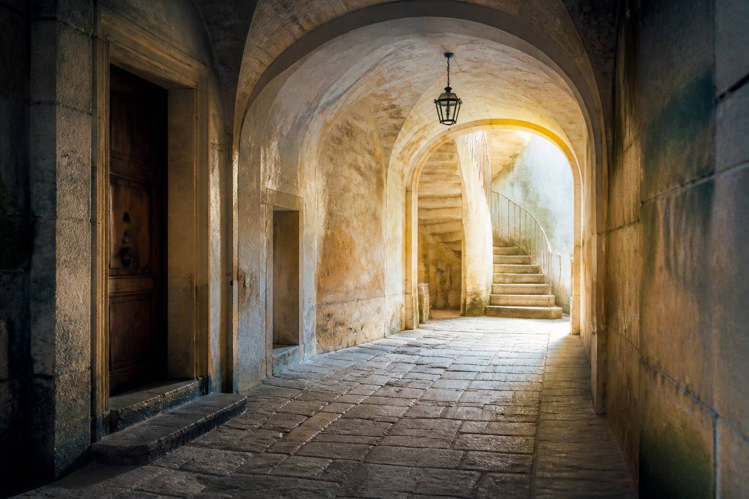 Passage voûté en pierre d'une traboule avec porte ancienne et escalier