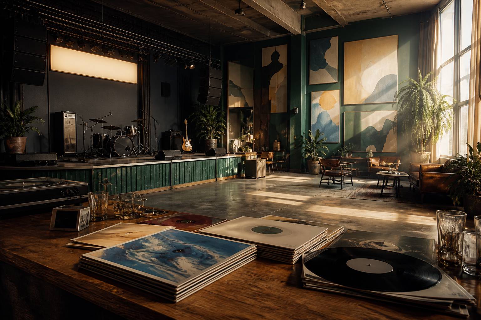 Vinyles et affiches sans texte sur un comptoir en bois