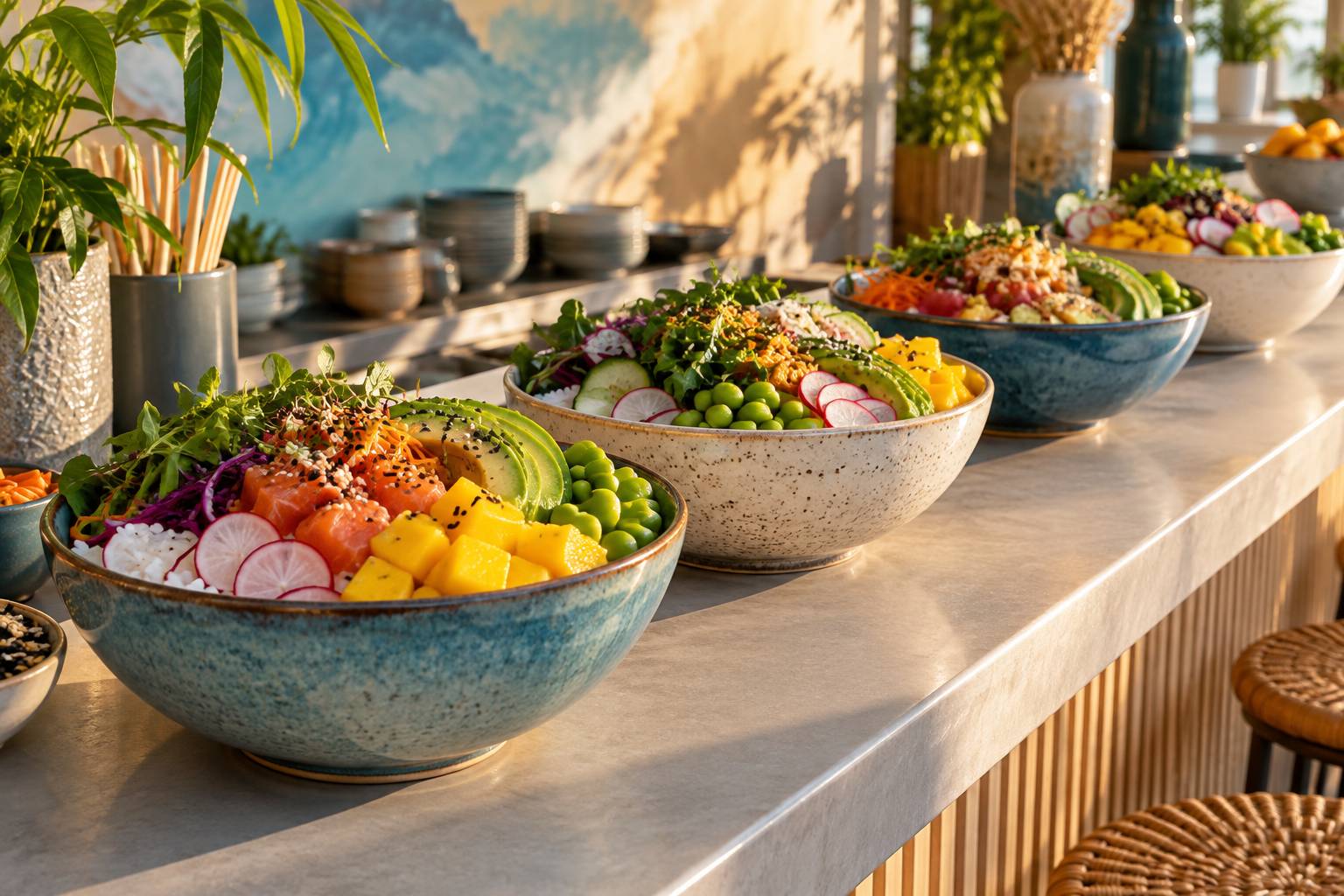 Plusieurs bols de poke bowls colorés alignés sur un comptoir de restaurant