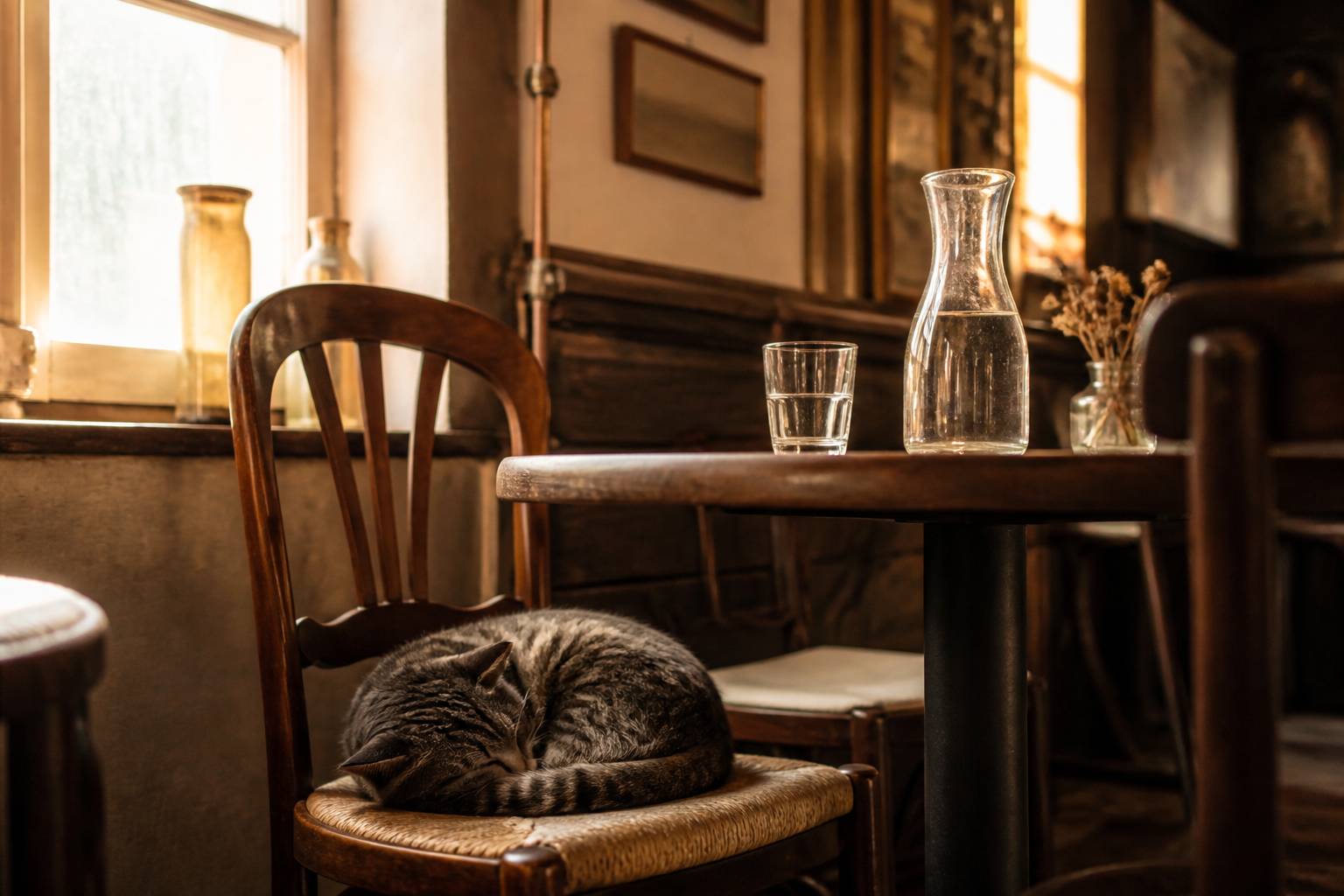 Chat endormi en boule sur une chaise en bois près d'une fenêtre de bistrot