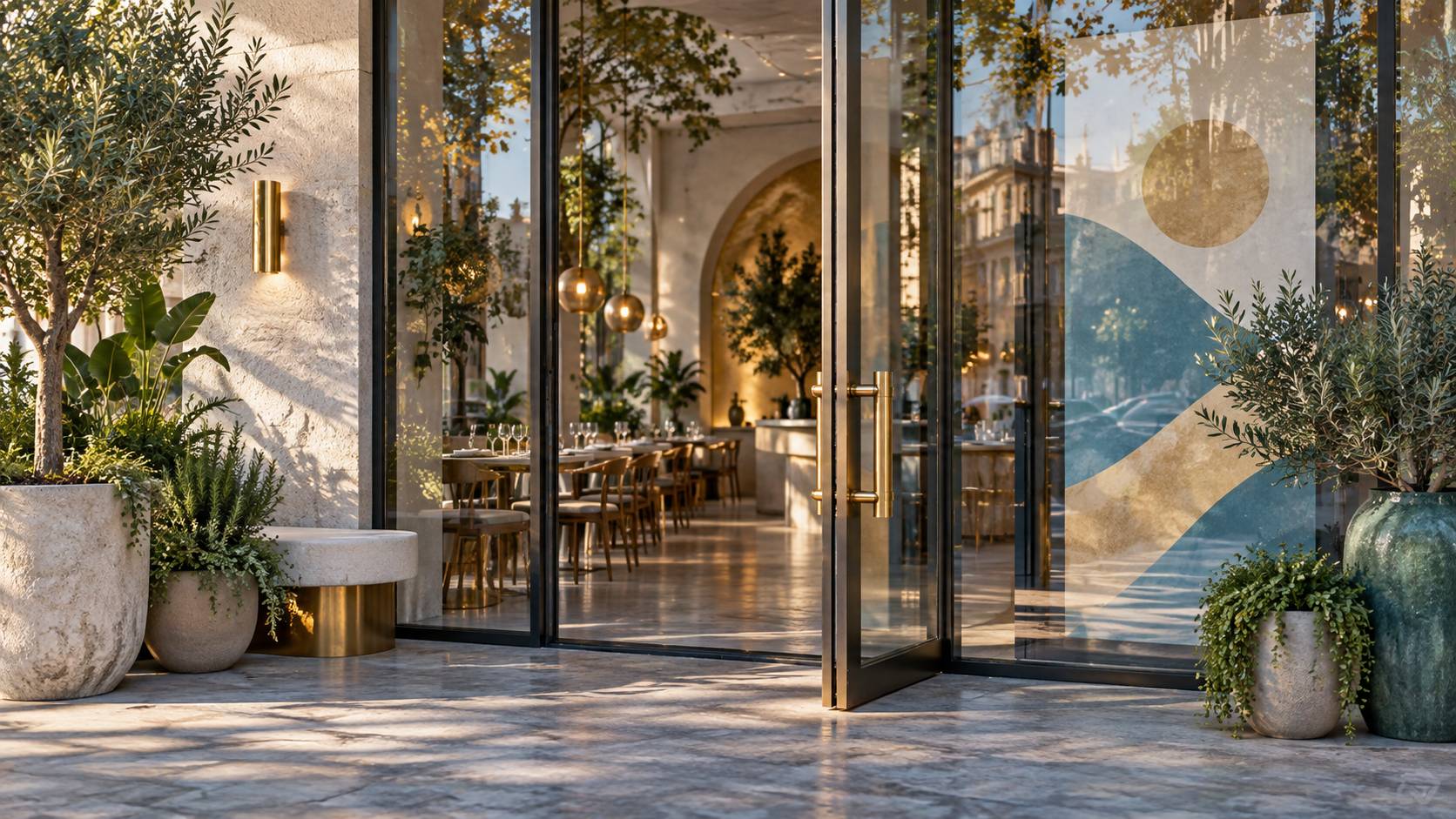 Détail de la porte vitrée d'un restaurant fermé avec reflets de rue