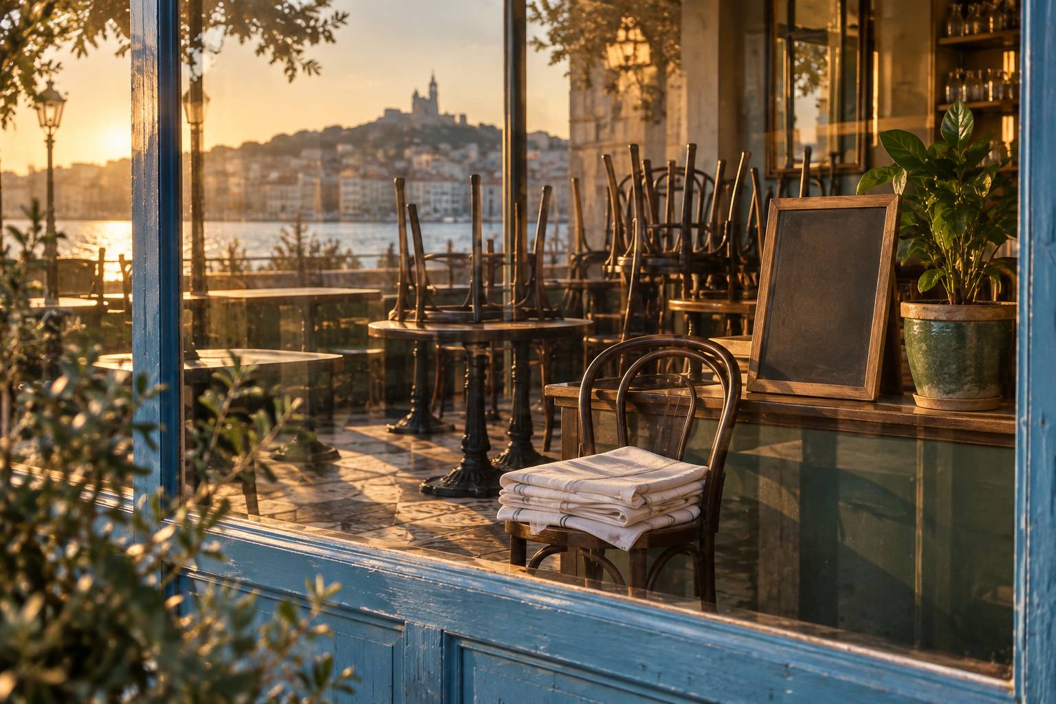 Détail de tables empilées derrière la vitrine d'un restaurant fermé