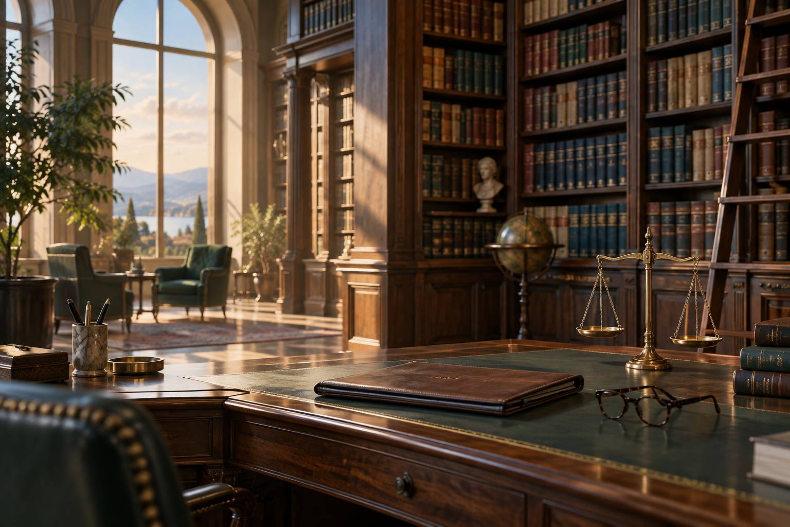 Vue large d'une bibliothèque de droit : rayonnages de codes et d'ouvrages juridiques anciens, bureau en bois a