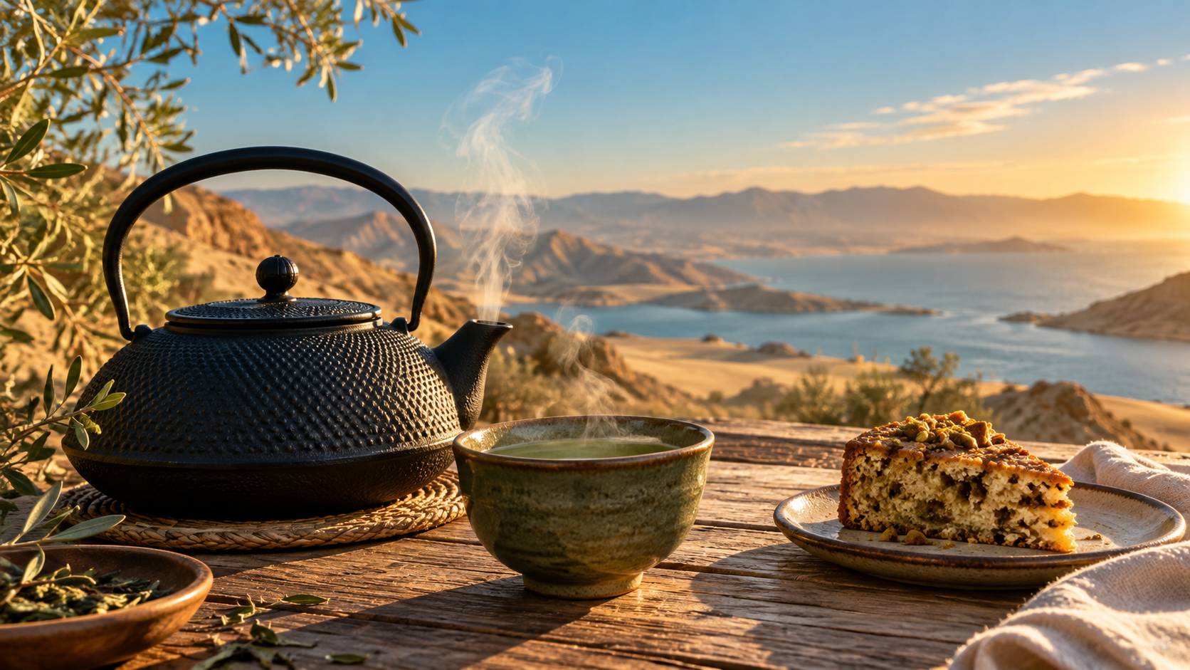 Gros plan sur une théière en fonte et une tasse de thé fumante