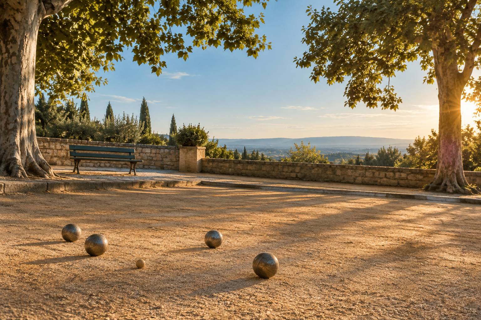 Terrain de jeu de boules lyonnais avec boules métalliques et cochonnet