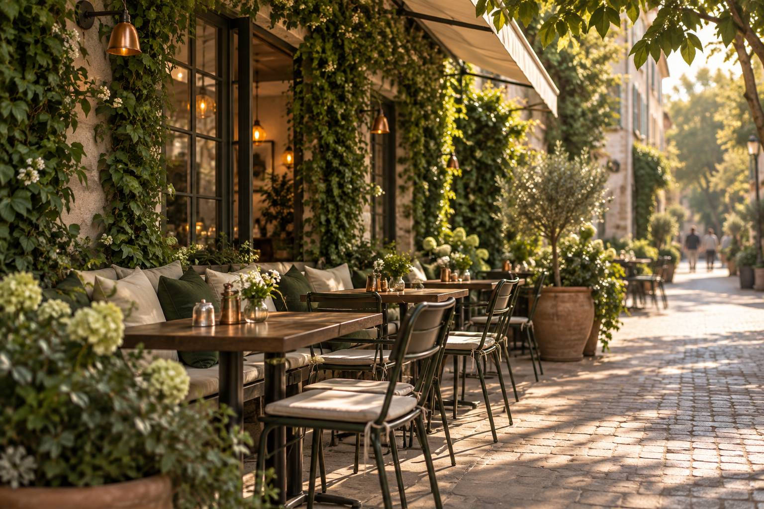 Terrasse végétalisée d'un café avec tables en bois dans une rue calme