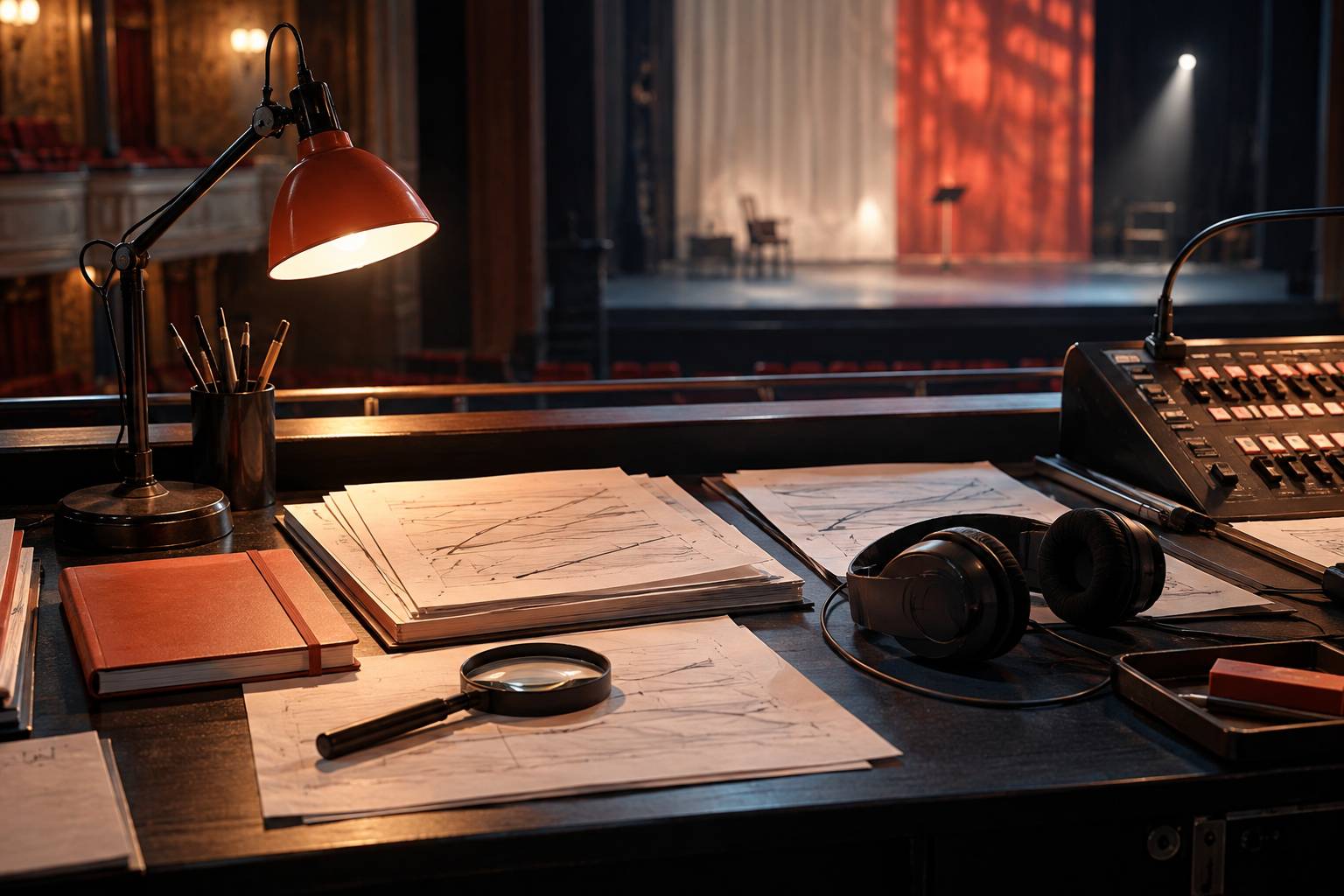 Pupitre et partitions sur une table de regie dans un theatre