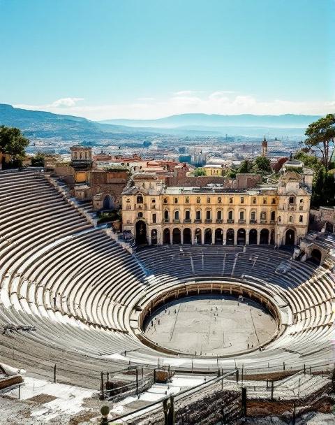 Amphithéâtre romain de Fourvière avec vue sur la ville de Lyon