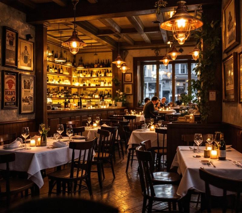 Intérieur chaleureux d'un bistrot français avec tables en bois et lumière tamisée