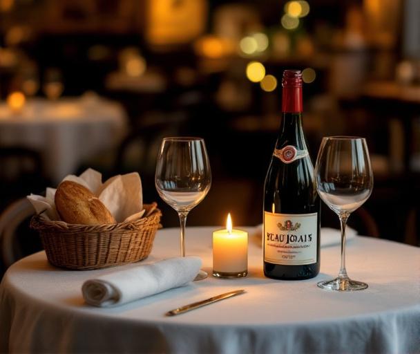Table de restaurant lyonnais avec verres à vin et atmosphère intime de bouchon